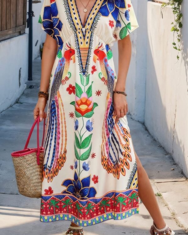 Floral Deep V Neck Batwing Sleeve Fit Dress