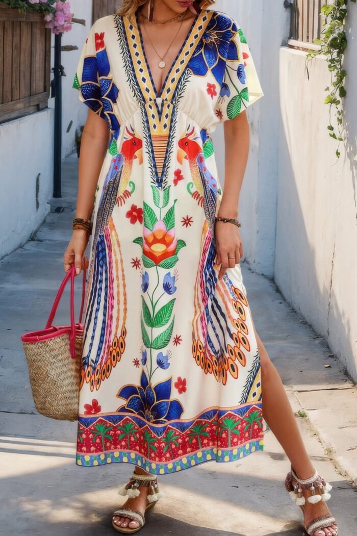 Floral deep v neck batwing sleeve fit dress - image 1