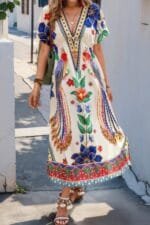 Floral Deep V Neck Batwing Sleeve Fit Dress