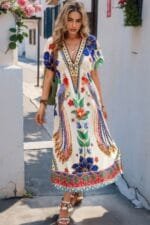 Floral Deep V Neck Batwing Sleeve Fit Dress