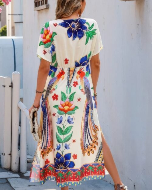 floral deep v neck batwing sleeve fit dress