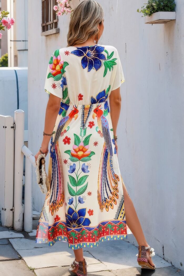 Floral deep v neck batwing sleeve fit dress - image 5