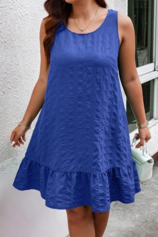 Plus Solid Ruffle Hem Hollow Out Sleeveless Dress