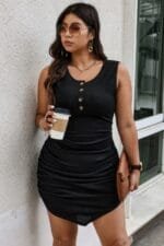 Plus Solid Button Down Sleeveless Pleated Fit Dress