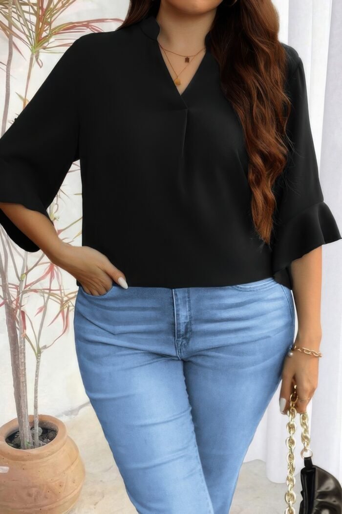 Plus V Neck Ruffle Half Sleeves Loose Blouse - Image 3