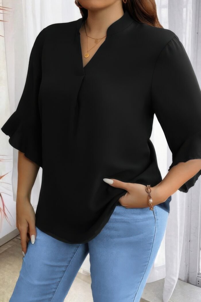 Plus V Neck Ruffle Half Sleeves Loose Blouse - Image 5