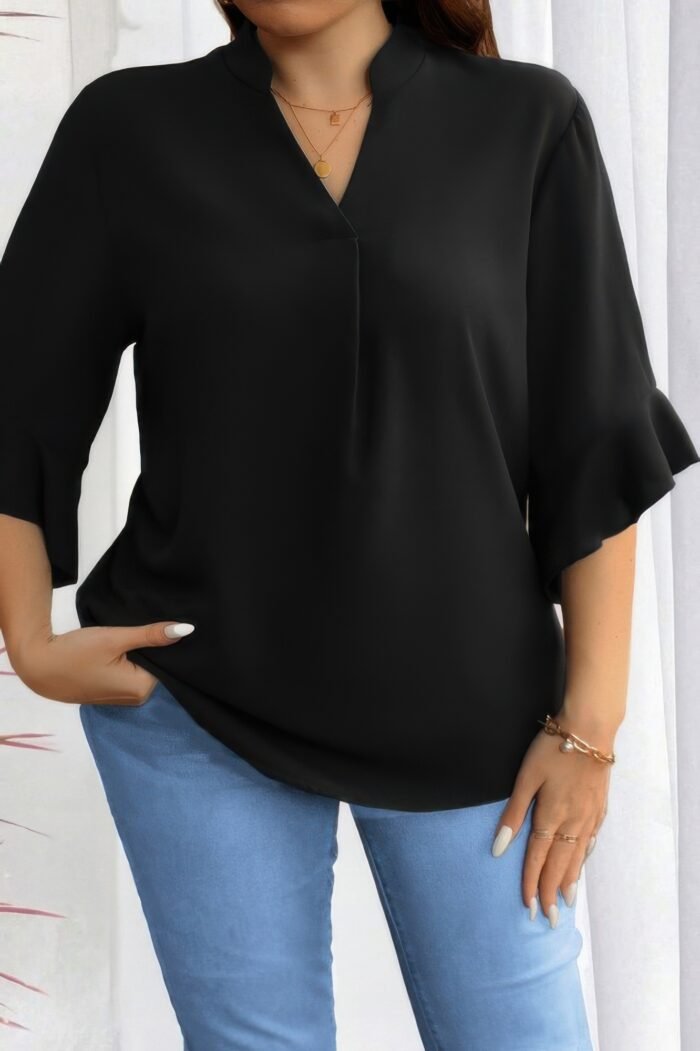 Plus V Neck Ruffle Half Sleeves Loose Blouse - Image 6