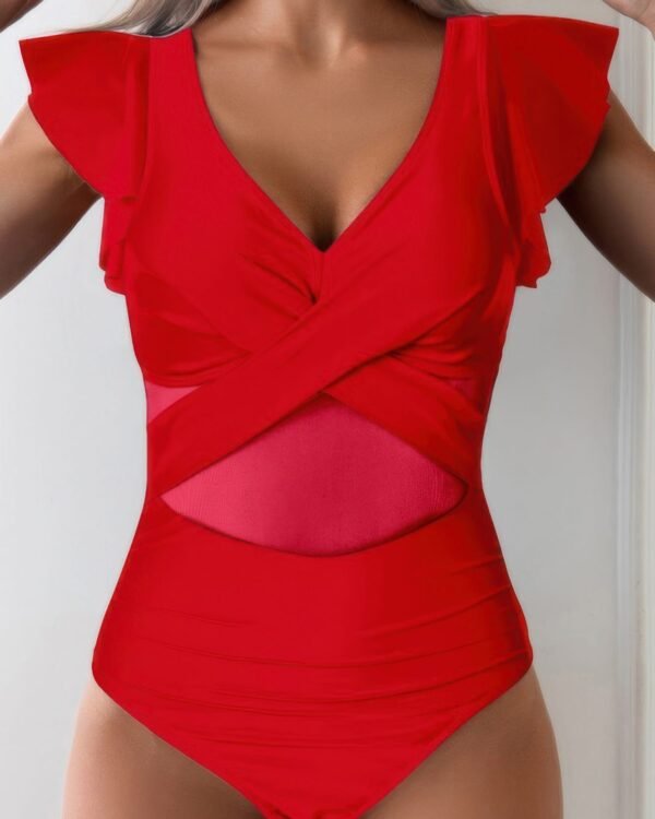 Ruffle Sleeves Deep V Neck Cross Lace Swimsuit