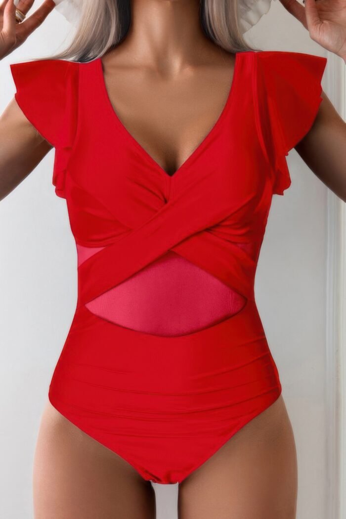 Ruffle sleeves deep v neck cross lace swimsuit - image 1