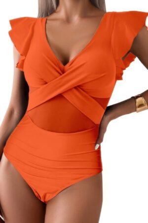 Ruffle Sleeves Deep V Neck Cross Lace Swimsuit