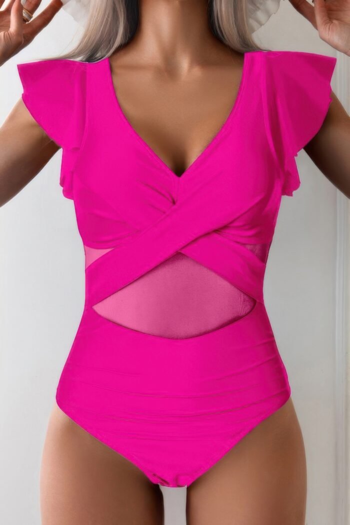 Ruffle sleeves deep v neck cross lace swimsuit - image 13