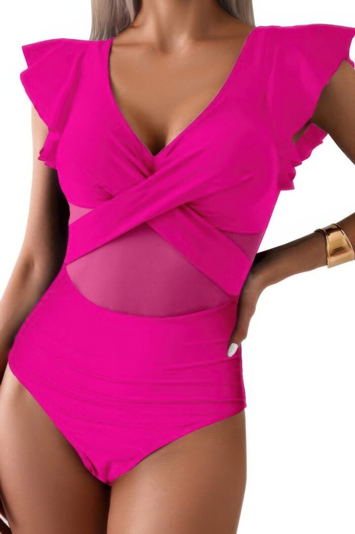 Ruffle sleeves deep v neck cross lace swimsuit - image 15