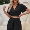 Two Pieces Cross Knot Elastic Waist Soild Sets