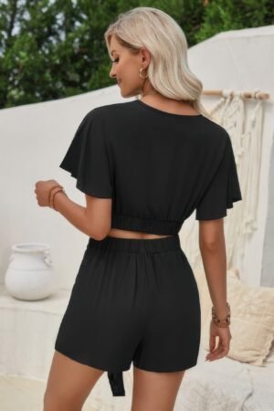 Two Pieces Cross Knot Elastic Waist Soild Sets