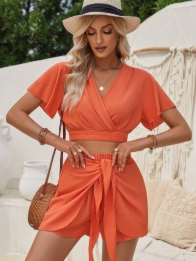 Two Pieces Cross Knot Elastic Waist Soild Sets Two Pieces Cross Knot Elastic Waist Soild Sets