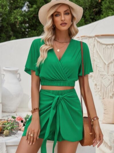 Two Pieces Cross Knot Elastic Waist Soild Sets Two Pieces Cross Knot Elastic Waist Soild Sets