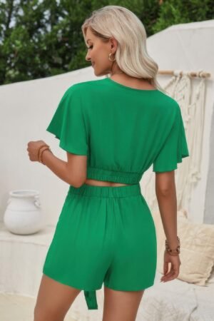 Two Pieces Cross Knot Elastic Waist Soild Sets