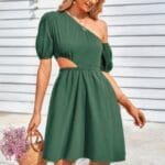 One Shoulder Puff Sleeve A Line Dress