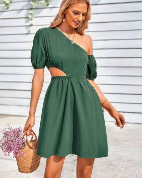 one shoulder puff sleeve a line dress