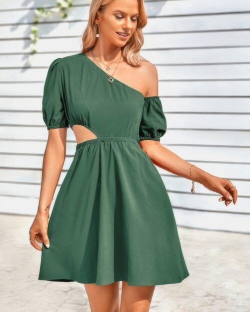 one shoulder puff sleeve a line dress