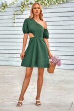 One Shoulder Puff Sleeve A Line Dress