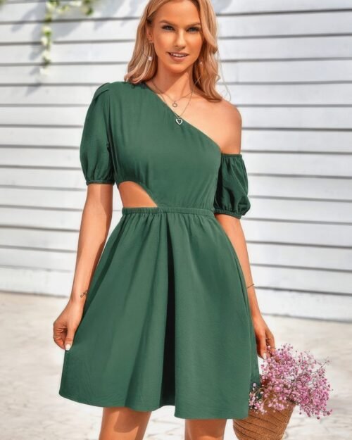one shoulder puff sleeve a line dress
