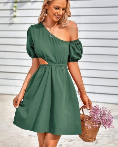 one shoulder puff sleeve a line dress