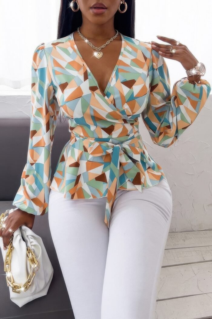 Heart Print Cross Knot Belt Fit Wrap Top - Image 1