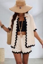 Color Block Two Pieces Button Blouse Sets