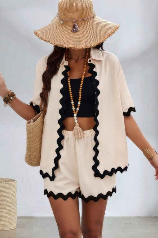 Color Block Two Pieces Button Blouse Sets - Image 3