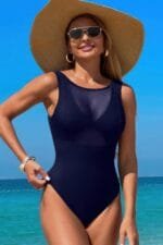 Solid Round Neck Color Block Lace Swimsuit