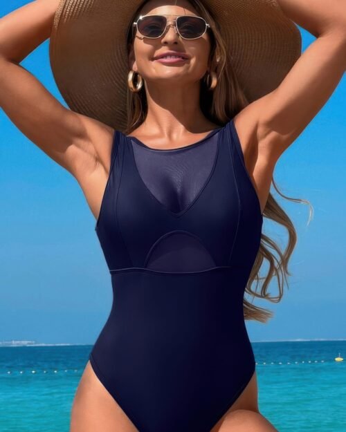 solid round neck color block lace swimsuit
