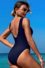 Solid Round Neck Color Block Lace Swimsuit