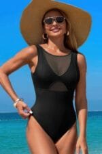 Solid Round Neck Color Block Lace Swimsuit