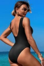 Solid Round Neck Color Block Lace Swimsuit