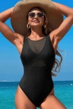 Solid Round Neck Color Block Lace Swimsuit