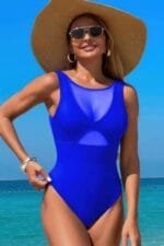 Solid Round Neck Color Block Lace Swimsuit