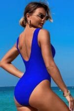 Solid Round Neck Color Block Lace Swimsuit