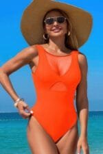 Solid Round Neck Color Block Lace Swimsuit