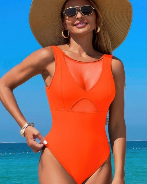 solid round neck color block lace swimsuit