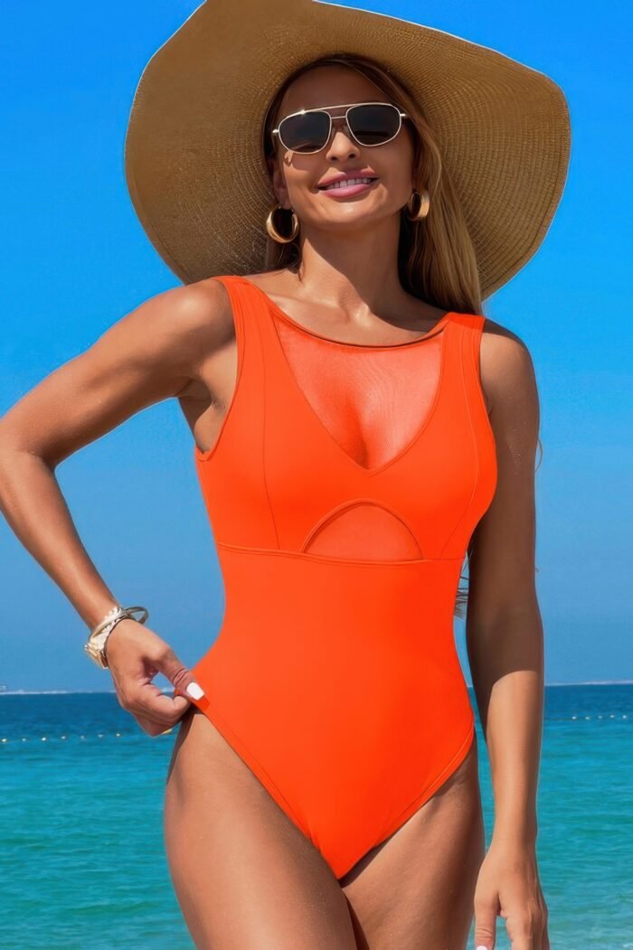 Solid round neck color block lace swimsuit - image 10