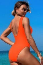Solid Round Neck Color Block Lace Swimsuit