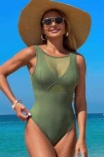 Solid Round Neck Color Block Lace Swimsuit