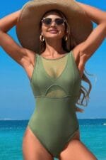Solid Round Neck Color Block Lace Swimsuit