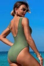 Solid Round Neck Color Block Lace Swimsuit