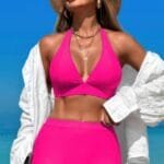 Two Pieces Solid Halter V Neck High Waist Swimsuit