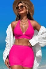Two Pieces Solid Halter V Neck High Waist Swimsuit