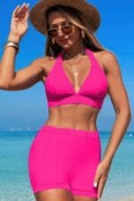 Two Pieces Solid Halter V Neck High Waist Swimsuit