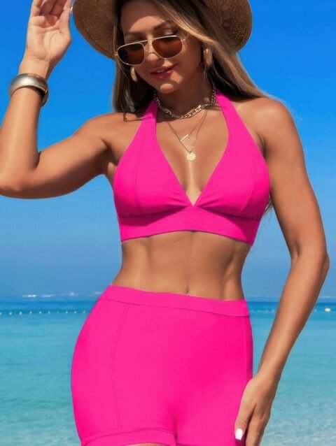 Two Pieces Solid Halter V Neck High Waist Swimsuit