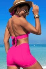 Two Pieces Solid Halter V Neck High Waist Swimsuit